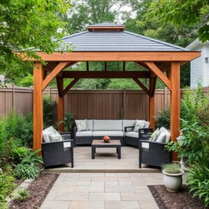 Backyard with a completed modern wooden gazebo surrounded by plants and outdoor seating.